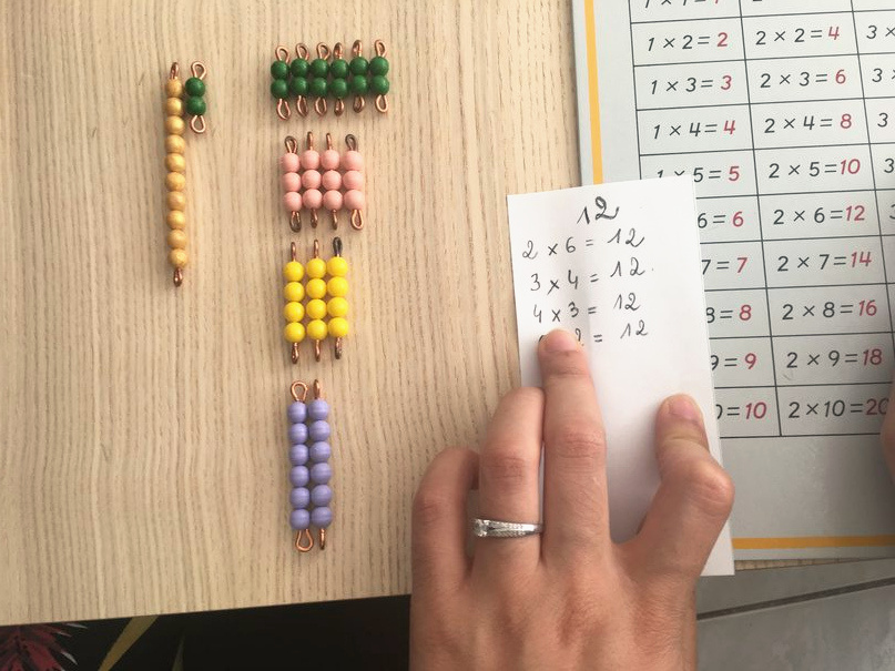 Une main pose une étiquette à côté de chaînes de perles Montessori