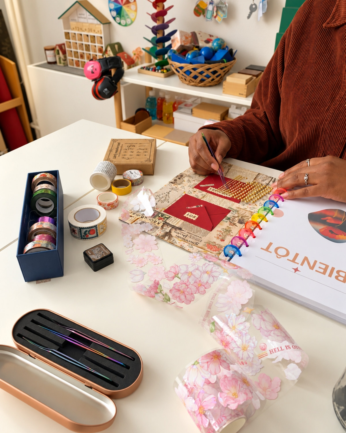 Les mains d'Alima posant des perles dorées sur une page de scrapbooking, washi tapes et pinces autour