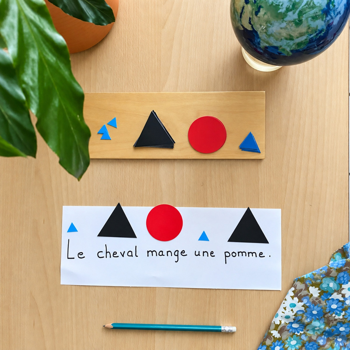 La phrase Le cheval mange une pomme, avec ses symboles de grammaire Montessori