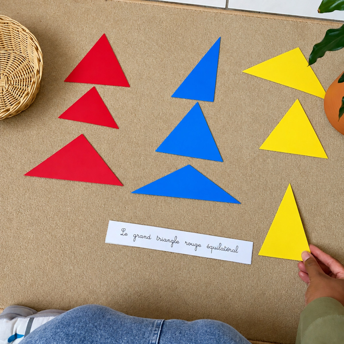 Le jeu du détective : des triangles rouges, bleus et jaunes et l'étiquette Le grand triangle rouge équilatéral