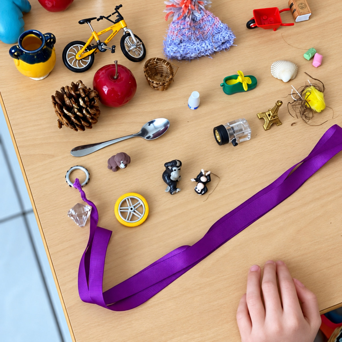 Des petits objets du quotidien posés sur la table, un ruban violet et une main d'enfant