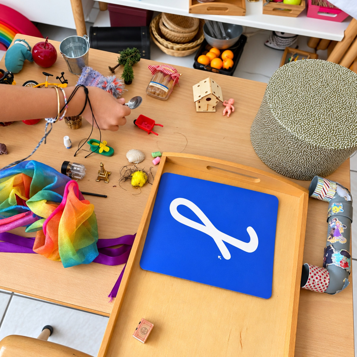 Une lettre rugueuse sur son plateau, un enfant choisit les objets qui commencent par ce son