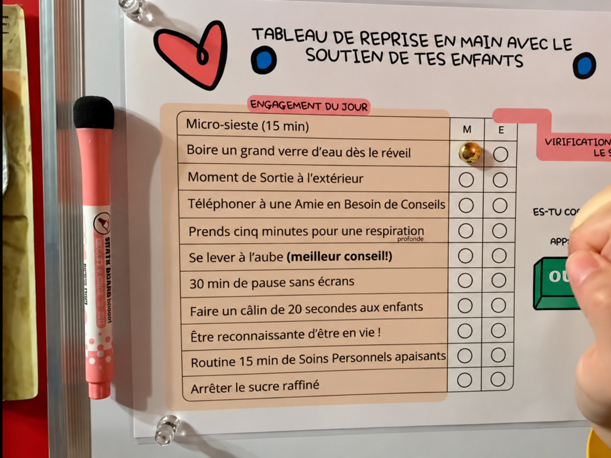 Le tableau de reprise en main avec le soutien de tes enfants, affiché et utilisé