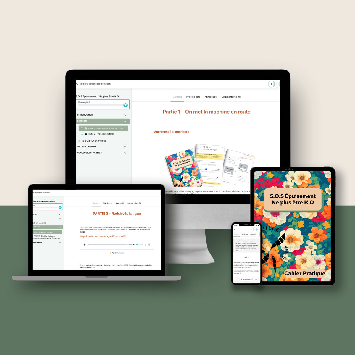 L'atelier S.O.S Épuisement sur ordinateur, tablette et téléphone, avec son cahier pratique
